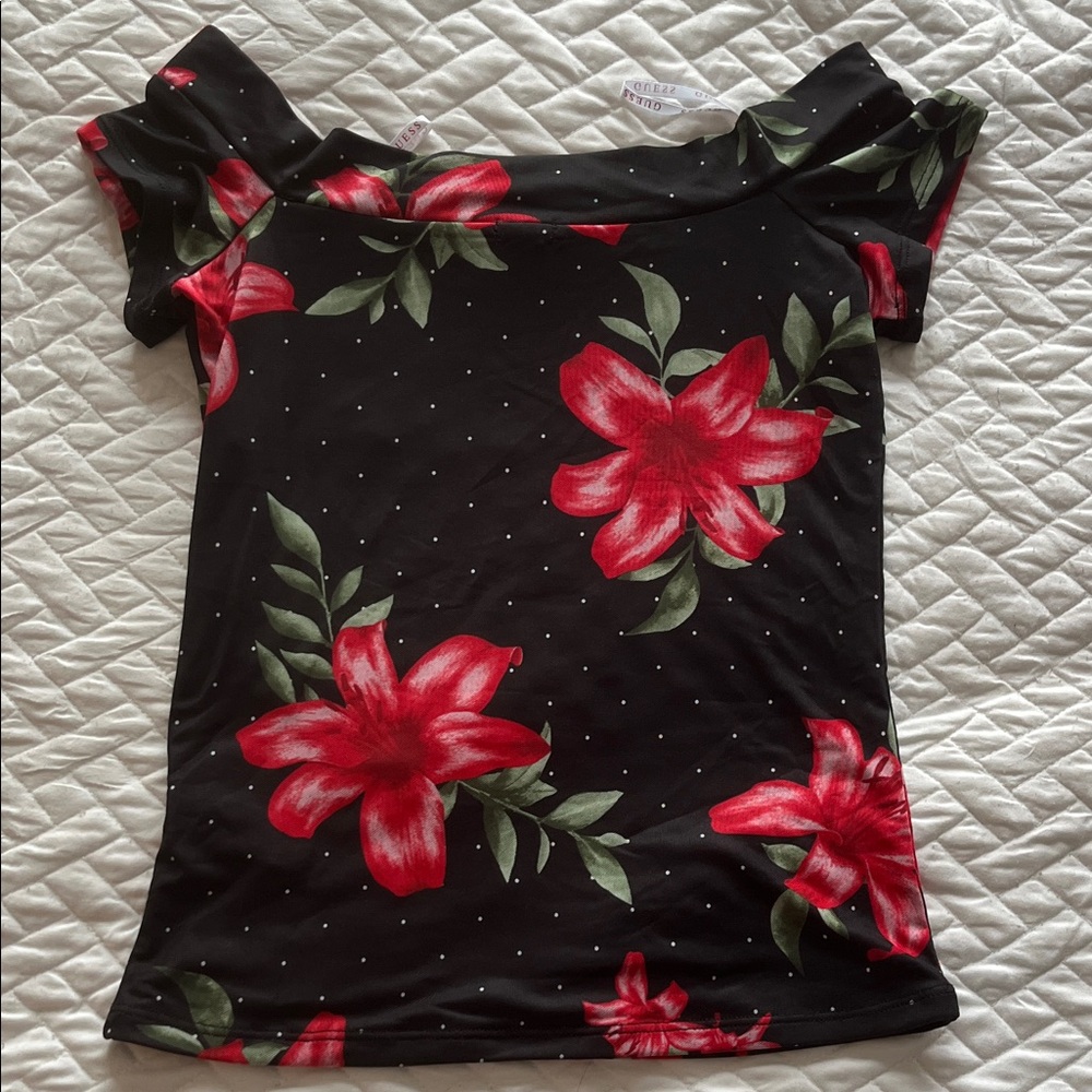 Guess Black and Red Floral Off-Shoulder Blouse - Picture 3 of 7